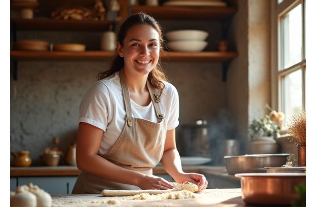 Founder Penny baking fresh bread in a rustic kitchen.