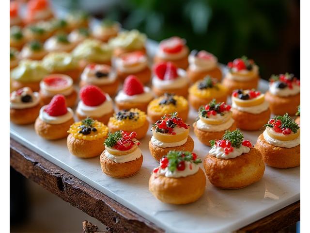 An array of gourmet canapés and pastries arranged on a catering table