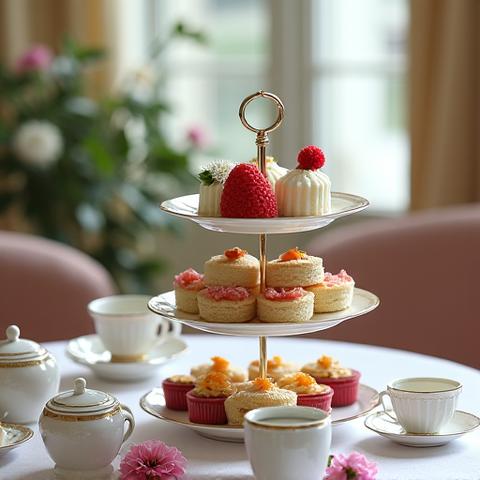 Elegant afternoon tea setup with scones, finger sandwiches, and mini pastries