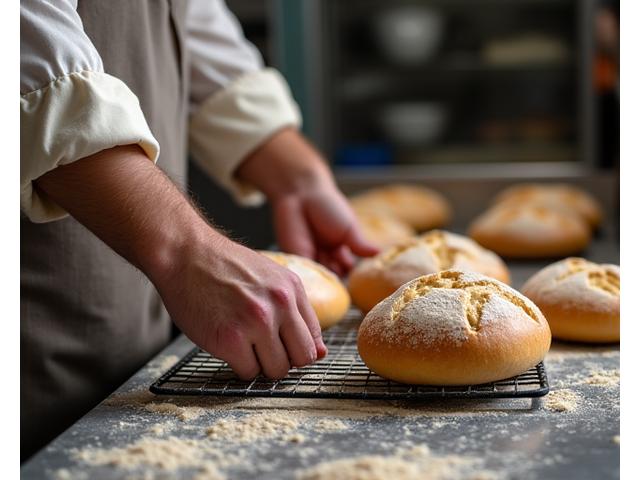 Artisan baker carefully placing freshly baked bread onto a cooling rack in a professional kitchen