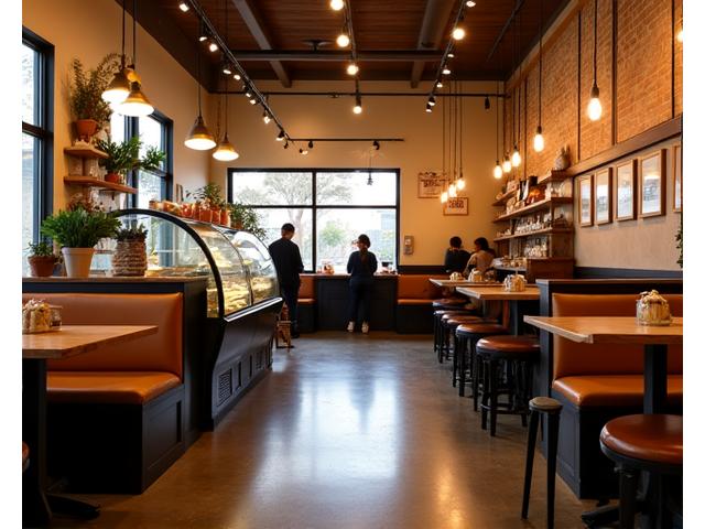 Cozy and warm cafe interior with wooden tables, soft lighting, and bakery display
