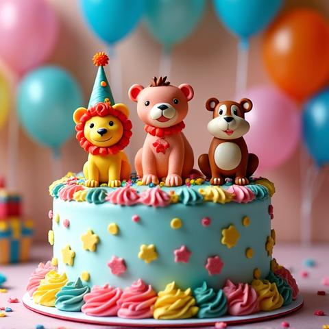 Colourful children's birthday cake with whimsical animal decorations