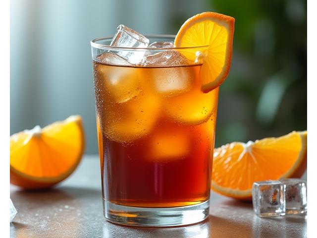 Refreshing cold brew coffee served in a tall glass with ice and a slice of orange