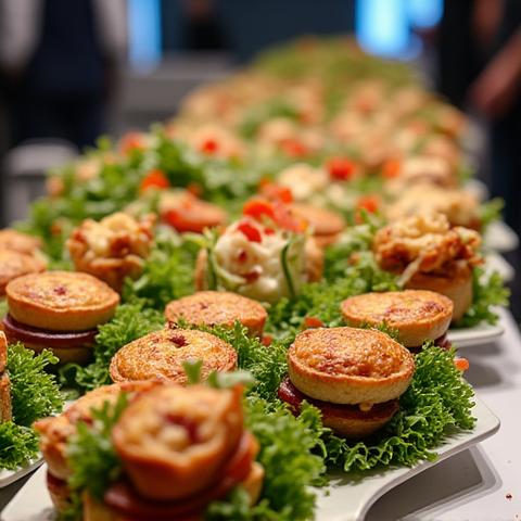 Beautifully arranged corporate luncheon spread with various salads and sandwiches