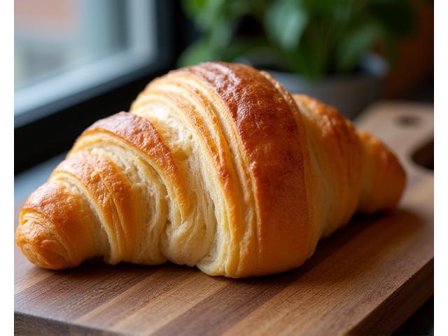 Perfectly golden, flaky croissant on a wooden board