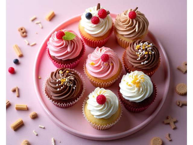 Assortment of gourmet cupcakes with various frostings and toppings