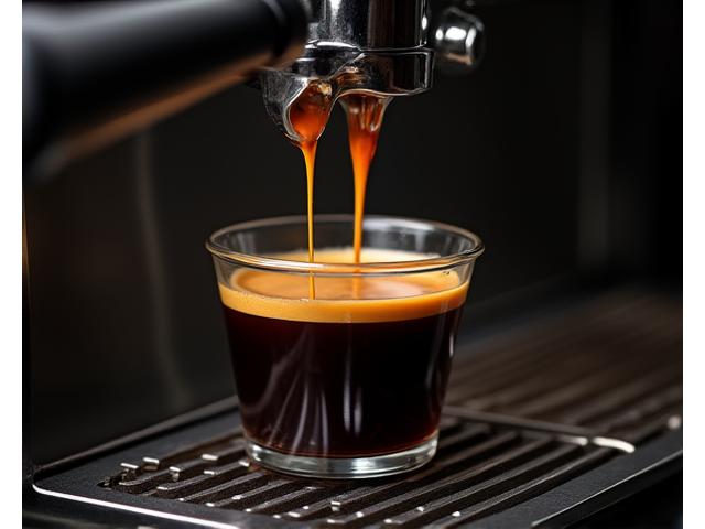 Rich, dark espresso shot being pulled into a small clear glass