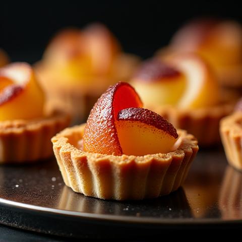 Individual gourmet dessert tarts displayed artistically