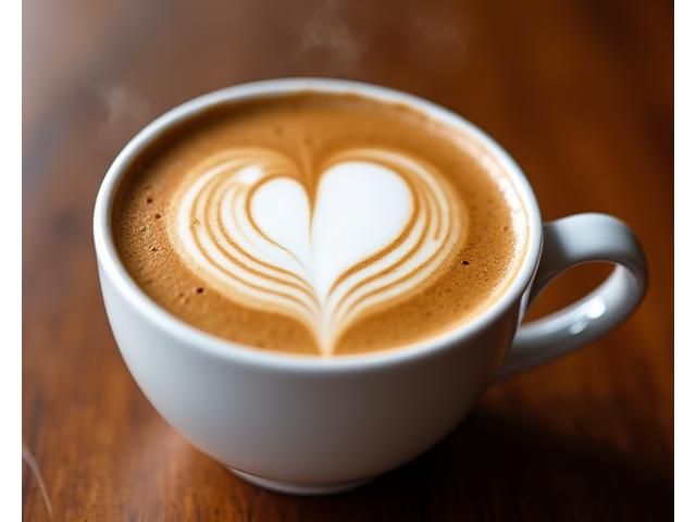 Steaming latte with intricate heart-shaped latte art in a ceramic cup