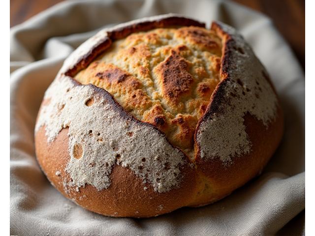 Rustic, beautifully crusted sourdough bread loaf on a linen cloth