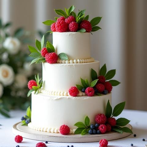 Elegant three-tier white wedding cake with fresh berries and greenery