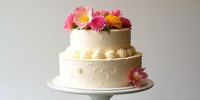 Elegant multi-tiered celebration cake decorated with fresh flowers