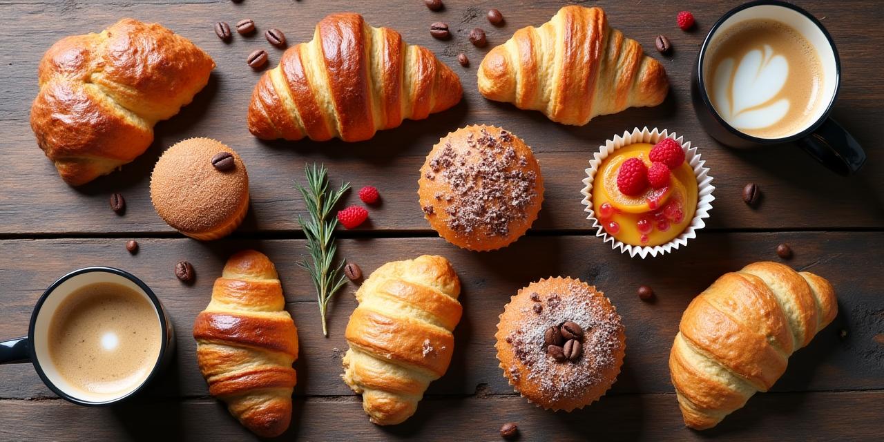 Assortment of artisan pastries and coffee on a rustic wooden table